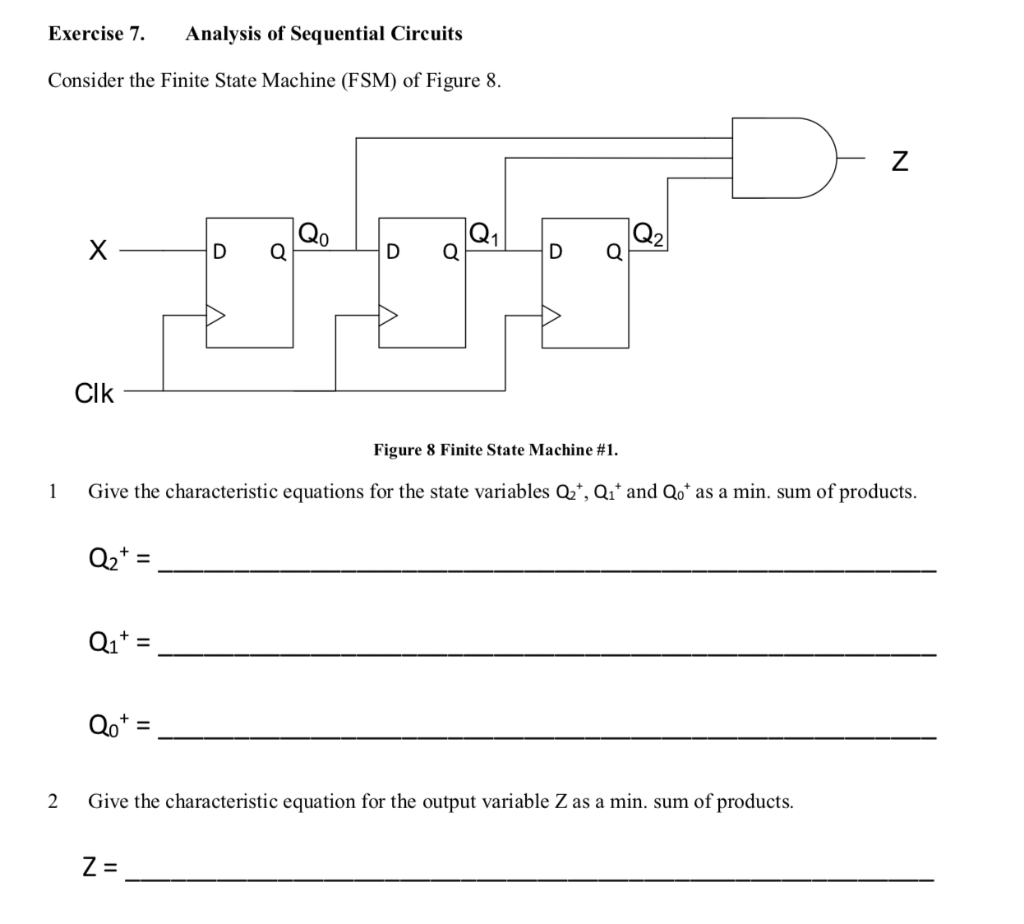 Exercise 7.Analysis of Sequential Circuits Consider the Finite State Machine (FSM) of Figure 8. 2 D Q D Q D Q Clk Figure 8 Fi
