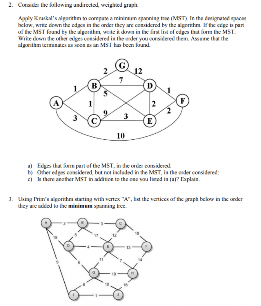 2. Consider the following undirected, weighted graph: Apply Kruskals algorithm to compute a minimum spanning tree (MST). In