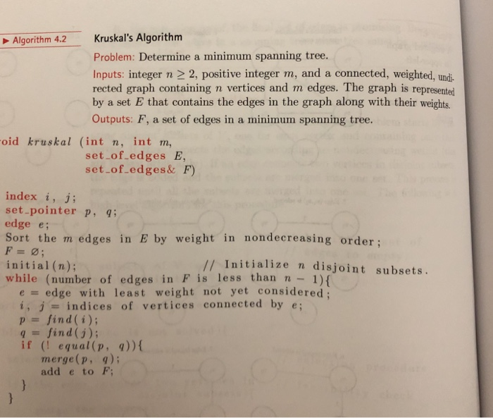 Kruskals Algorithm Algorithm 4.2 Problem: Determine a minimum spanning tree. Inputs: integer n 2 2, positive integer m, and