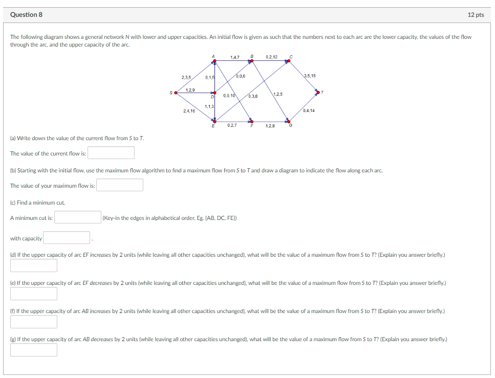 Question 8 12 pts The following diagram shows a general network N with lower and upper capacities. An initial flow is given a