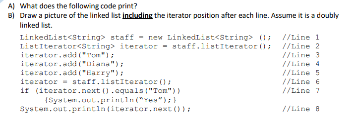 A) What does the following code print? B) Draw a picture of the linked list including the iterator position after each line.