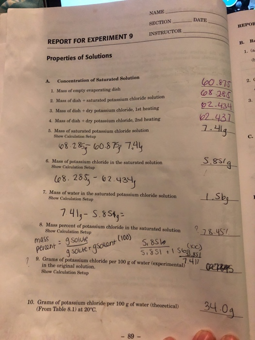 of experiment 9 solutions properties Re INSTRUCTOR 1. NAME (a SECTION DATE B. REPOR Solved: (t