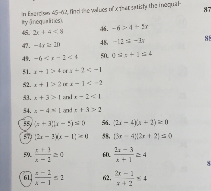 Solved In Exercises 45 62 Find The Values Of X That Satisfy Chegg Com