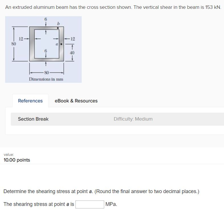 An extruded aluminum beam has the cross section shown. The vertical shear in the beam is 153 kN 6 12 80 6 40 S0 Dimensions in