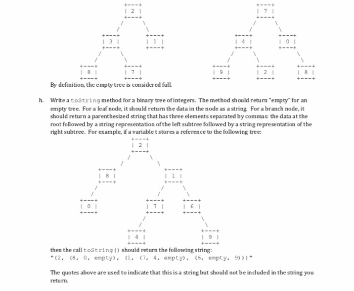 I 1 1 1 0 3 2 By definition, the empty tree is considered full h. Write atoString method for a binary tree ofintegers. The me