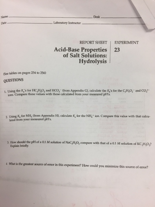 Solved Name Desk Report Sheet I Experiment Acid Base Prop Chegg Com