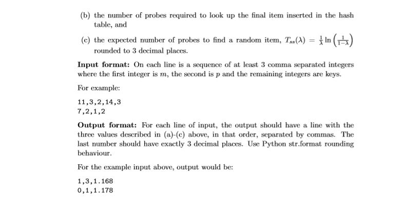 (b) the number of probes required to look up the final item inserted in the hash table, and (e) the expected number of probes