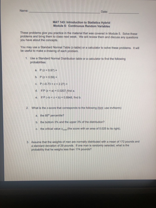Solved Name Date Mat 143 Introduction To Statistics Hy