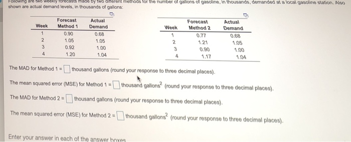 Fólowing are two weekly Forecasts made by two dnterent methods for the number of gallons of gasoline, in thousands, demanded