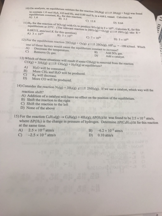 Solved 10 On Analysis An Equilibrium Mixture For The Re Chegg Com