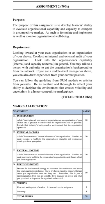 ASSIGNMENT 2 (70%) Purpose: The purpose of this assignment is to develop learners ability to evaluate organisational capability and capacity to compete in a competitive market. As such to formulate and implement as well as monitor organisational well-being. Requirement Looking inward at your own organisation or an organisation of your choice. Conduct an internal and extermal audit of your Look into the organisation s capability (internal) and capacity (external) in general. You may talk to a person with authority to get the organisations background or from the internet. If you are a middle-level manager or above, you can 

<div class=