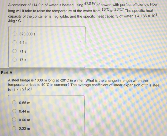 Solved A Container Of 114 0 G Of Water Is Heated Using 67 Chegg Com