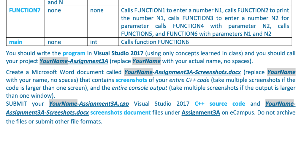 and N none Calls FUNCTION1 to enter a number N1, calls FUNCTION2 to print FUNCTION7 none the number N1, calls FUNCTION3 to en