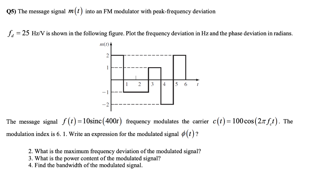 Solved Q5 The Message Signal M T Into An Fm Modulator W Chegg Com