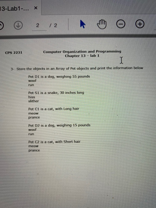 13-Lab1-... x Computer Organization and Programming Chapter 13 lab 1 CPS 2231 3- Store the objects in an Array of Pet objects