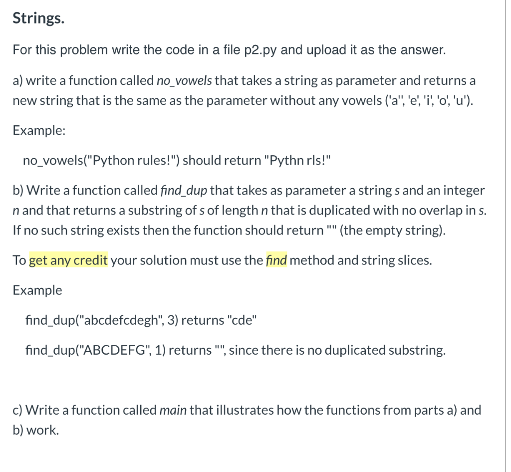 Solved Strings Problem Write Code File P2py Upload Answer Write Function Called Novowels Takes St Q