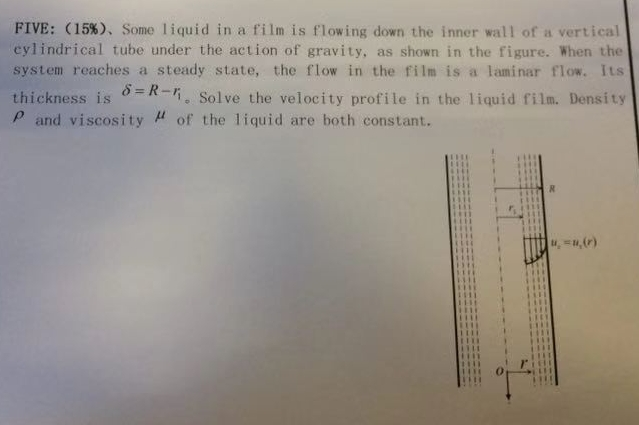 FIVE: (15%), Some liquid in a film is flowing down the inner wall of a vertical eylindrical tube under the action of gravity, as shown in the figure. When the system reaches a steady state, the flow in the film is a laminar flow. Its thickness is ρ and viscosity μ of the liquid are both constant. R-1, Solve the velocity profile in the liquid film. Density