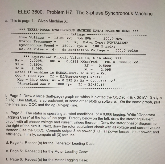 Solved ELEC 3600. Problem H7. The 3-phase Synchronous