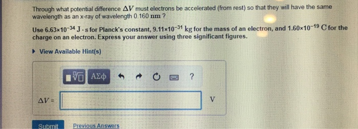 Solved Through What Potential Difference Dv Must Electrons Chegg Com