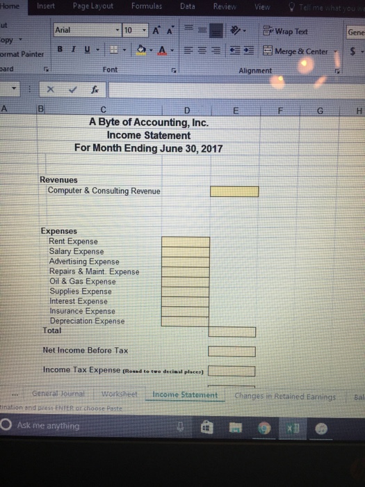 Solved A Byte Of Accounting Inc Please Fill In The Yello Chegg Com