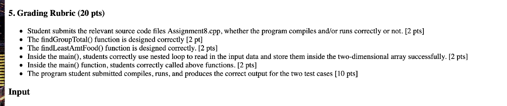 5. Grading Rubric (20 pts) * Student submits the relevant source code files Assignment8.cpp, whether the program compiles and