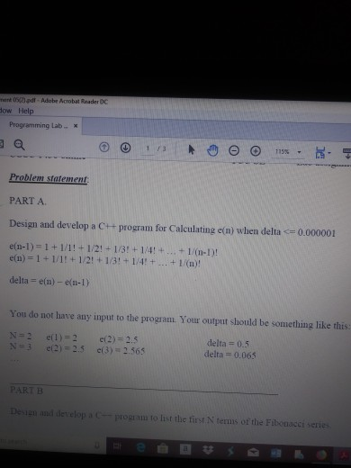 en 0520 dt Adobe Actobat Reader 0C ow Help Programming Lab Problem statement PART A. Design and develop a C++ program for Cal