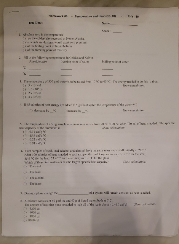 Solved Homework 08temperature And Heat Ch 10 Phy 110 Due Chegg Com