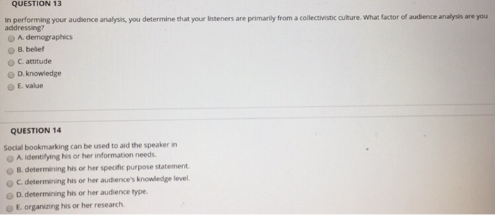 QUESTION 13 In performing your audience analysis you determine that your listeners are primarly from a collectvistic culture.