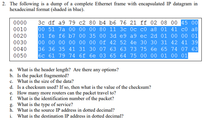 0 2. The following is a dump of a complete Ethernet frame with encapsulated IP datagram in hexadecimal format (shaded in blue