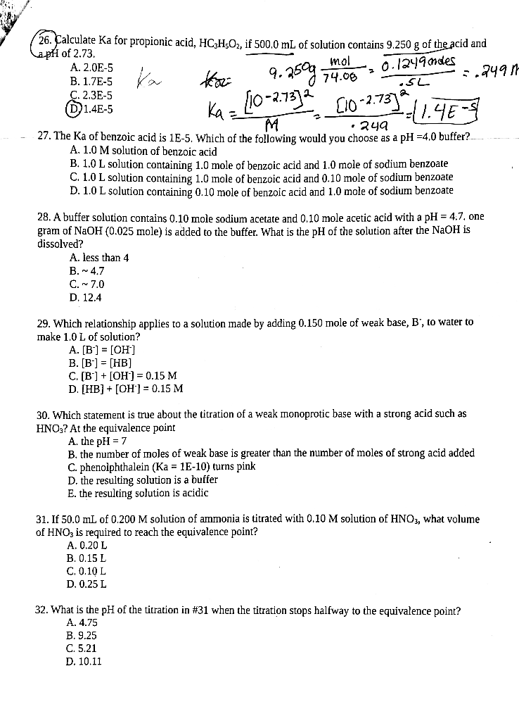 Solved 26 Calculate Ka For Propionic Acid Hc H0 If 50 Chegg Com