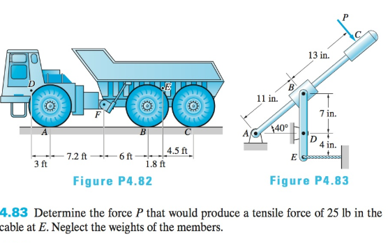 13 in. 11 in 7 in. A140 4 in. E Cssssbsss 4.5 ft 7.2 ft 6ft 18ft 3 ft Figure P4.82 Figure P4.83 4.83 Determine the force P that would produce a tensile force of 25 lb in the cable at E. Neglect the weights of the members.