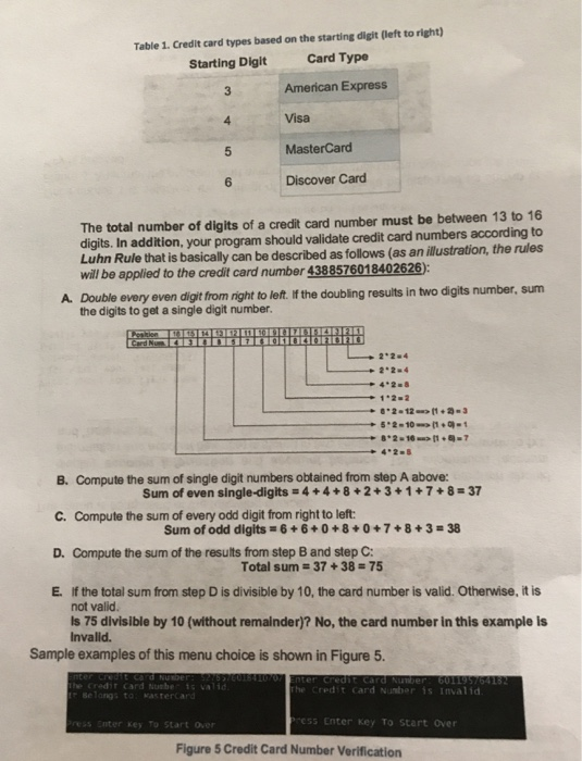 Table 1. Credit card types based on the starting digit (left to right) Card Type American Express Visa MasterCard Discover Ca