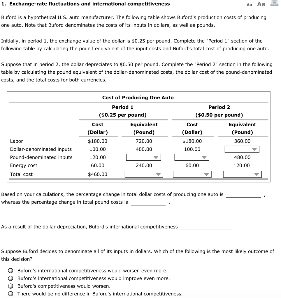 Solved 1 Exchange Rate Fluctuations And International Co 1 Exchange Rate Fluctuations And International Compeiveness Aa Buford Is A Hypothetical U S