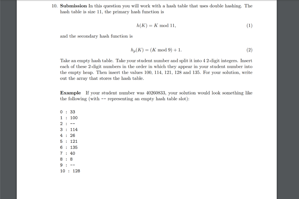 10. Submission In this question you will work with a hash table that uses double hashing. The hash table is size 11, the prim
