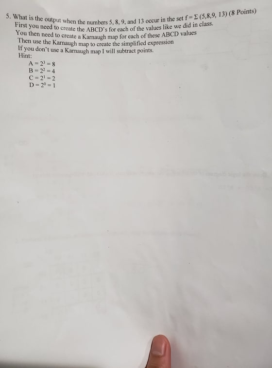 First you need to ABC You then need to Karnaug Then use the Karnau It you dont use a Karnaugh map I will subtract points. e