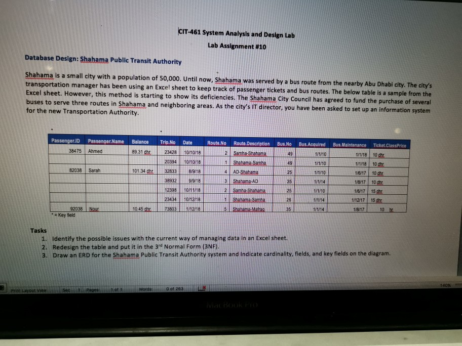 CIT-461 System Analysis and Design Lab Lab Assignment #10 Database Design: Shahama Public Transit Authority Shahama is a smal