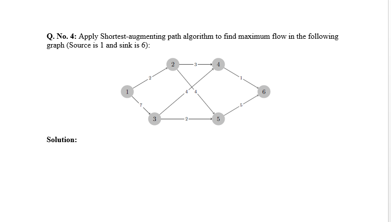Q. No. 4: Apply Shortest-augmenting path algorithm to find maximum flow in the following graph (Source is 1 and sink is 6): 2