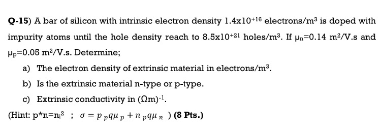 Solved 0 15 A Bar Of Silicon With Intrinsic Electron Den Chegg Com