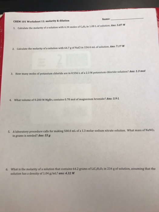 Solved Chem 101 Worksheet 11 Molarity Dilution Name 1 Chegg Com