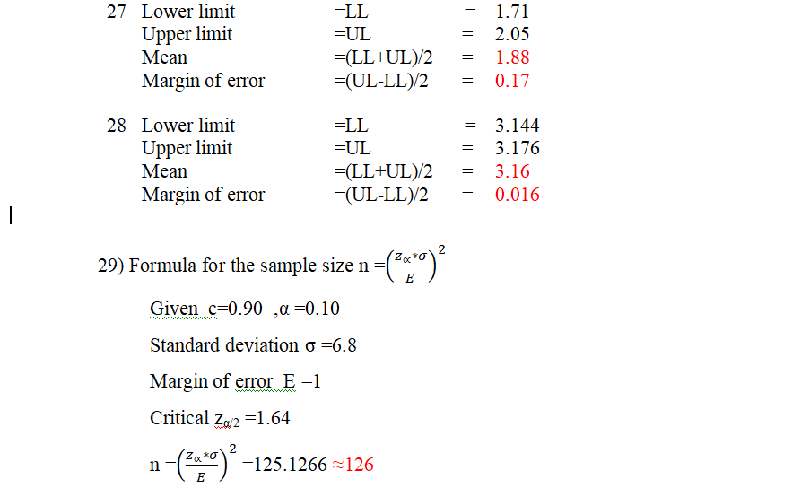 1.71 2.05 1.88 0.17 27 Lower limit Upper limit Mean Margin of error UL (UL-LL)/2 3.144 3.176 3.16 28 Lower limit Upper limit