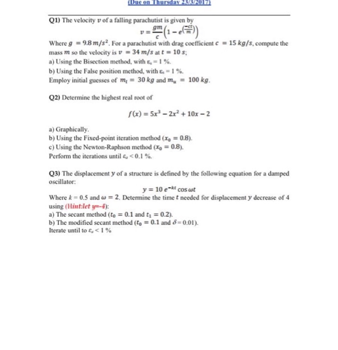 The Velocity V Of A Falling Parachutist Is Given B Chegg Com