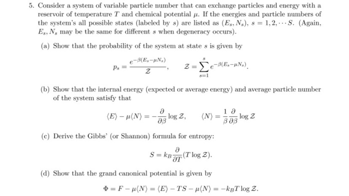 5 Consider A System Of Variable Particle Number T Chegg Com