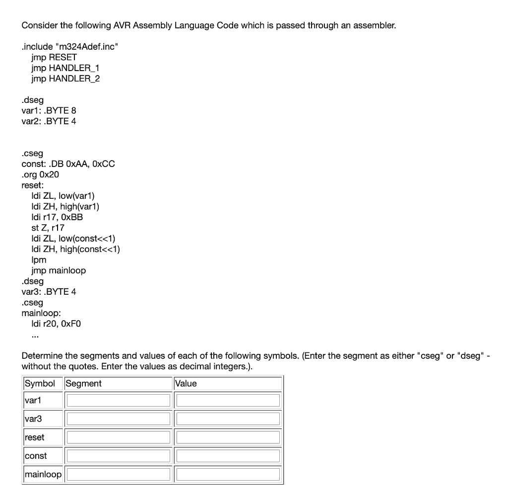 Consider the following AVR Assembly Language Code which is passed through an assembler .include m324Adef.inc jmp RESET mp H