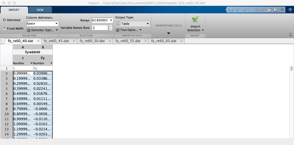 Import - /Users/tianzian/Documents/MATLAB/template-2/fy re60_40.dat IMPORT VIEW Output Type Column delimiters O Delimited Ran