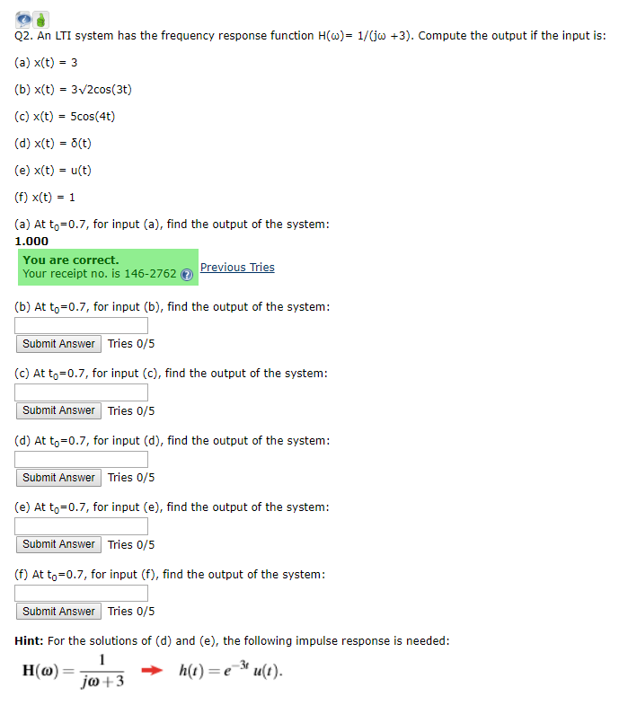 Solved Q2 An Lti System Has The Frequency Response Funct Chegg Com