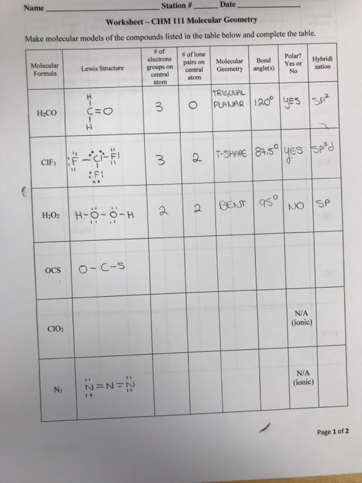 Molecular geometry worksheet answers