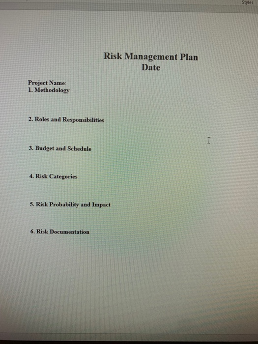 Styles Risk Management Plan Date Project Name 1. Methodology 2. Roles and Responsibilities 3. Budget and Schedule 4. Risk Cat