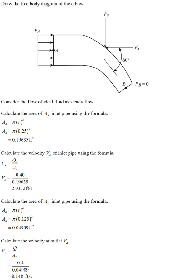 Draw the free body diagram of the elbow Fr 60° Consider the flow of ideal fluid as steady flow Calculate the area of A inlet pipe using the formula 4, = p(0.25) = 0.19635 ft2 Calculate the velocity V of inlet pipe using the formula. 0.19635l 2.0372 ft/s Calculate the area of AB inlet pipe using the formula 4g (0.125) 0.04909ft Calculate the velocity at outlet V 0.4 0.04909 8.148 ft/s