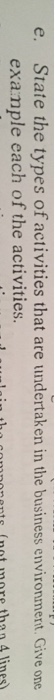 State the types of activities that are undertaken in the business environmert. Give one example each of the activities. e. 1 cmnonents (not more than4 lines