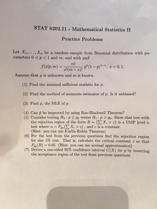 Solved Stat 6202.11 - Mathematical Statistics Ii Practice | Chegg.com